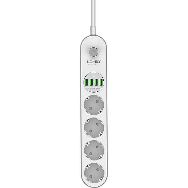 Ldnio Πολύπριζο Ασφαλείας 4 Θέσεων με Διακόπτη, 4 USB και Καλώδιο 2m Λευκό  SE4432