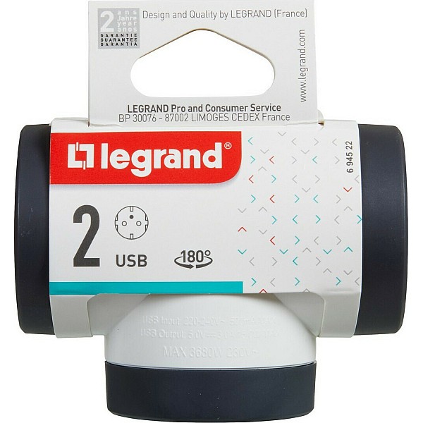 LEGRAND Πολύπριζο Σταυρός Σούκο 2 θέσεων  + USB A +C Περιστρεφόμενο Λευκό-Μαύρο 694522