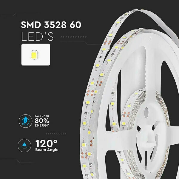 Ταινία led ισχύος 4.2w/m με 60smd 3528 led/m IP20 5 μέτρα Θερμό λευκό 3000k VT-3526-60 212016 V-TAC