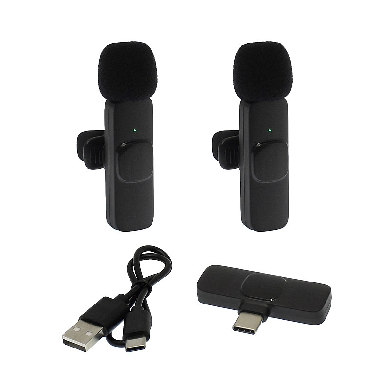  K9 Type-C Wireless Live-Stream Microphone Σετ ασύρματα επαναφορτιζόμενα πυκνωτικά μικρόφωνα για καταγραφή ήχου μαύρα