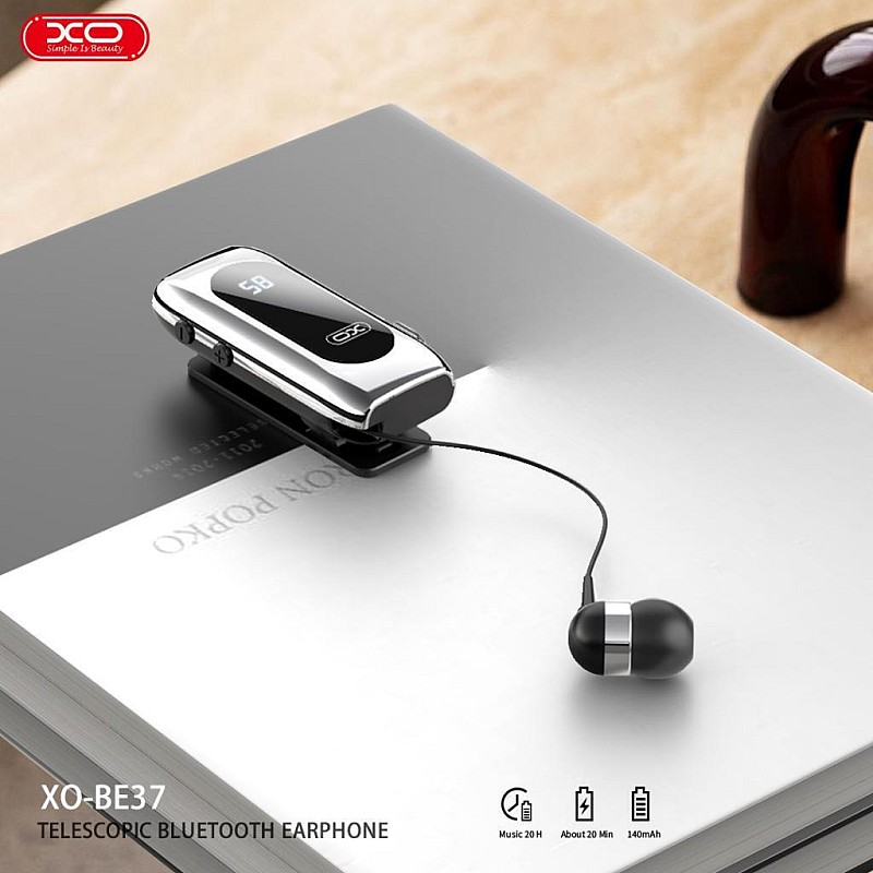 XO BE37 Bluetooth Μονό Ακουστικό με Καλώδιο που μαζεύει Ασημί 