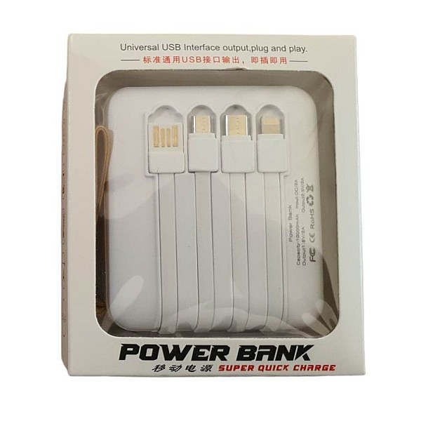 Power Bank 10000mAh με Θύρα USB και 4 ενσωματωμένα καλώδια εξόδου λευκό PB2002 OEM