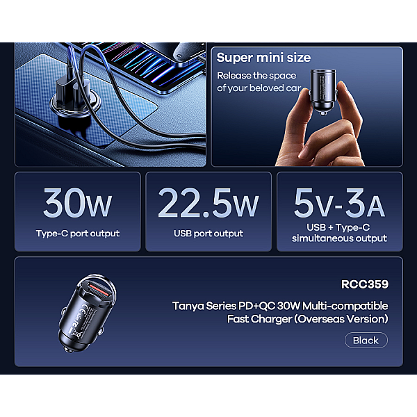 Remax RCC359 Tanya 30W Ταχυφορτιστής αυτοκινήτου fast car charger 1xUSB και 1xType-C 3.0A  Μαύρος