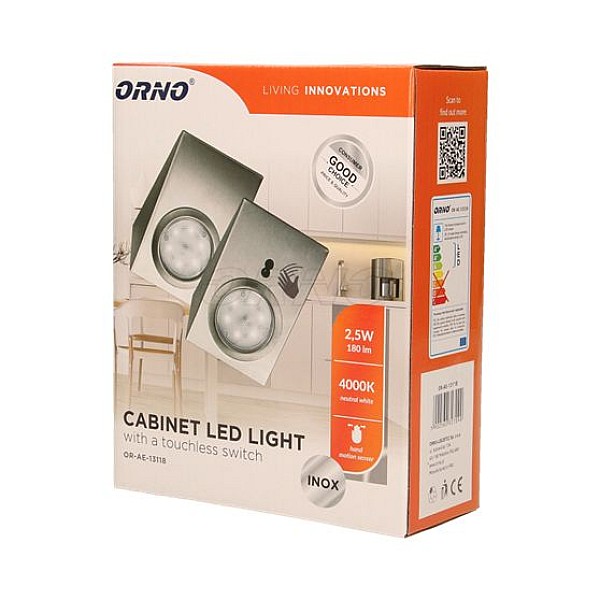 ORNO Spot Γωνιακό κουζίνας LED 2.5W Φυσικό Λευκό 4000K με ανέπαφο διακόπτη inox σετ 2 τεμ. OR-AE-13118
