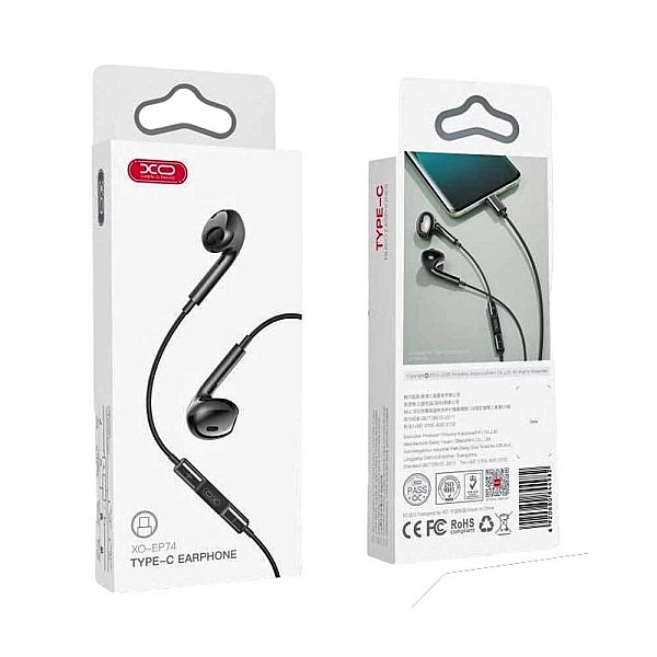 XO - EP74 Earbuds Headset Type C Ακουστικά Handsfree Μαύρο χρώμα