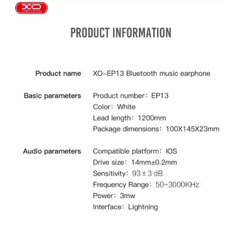 XO EP13 Earbuds Handsfree με Βύσμα Lightning  Λευκό Ακουστικά με μικρόφωνο 