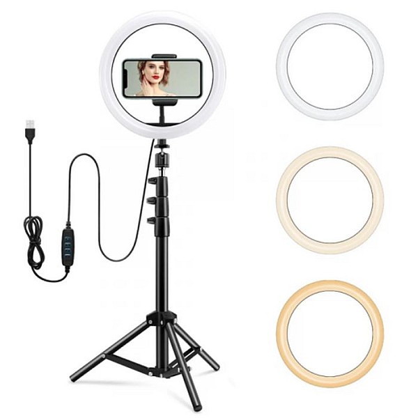 Selfie Ring Light 10in με 3 Χρώματα Φωτισμού, Dimmer 26cm & Μεγάλο Τρίποδο 77-177cm QX-260 OEM