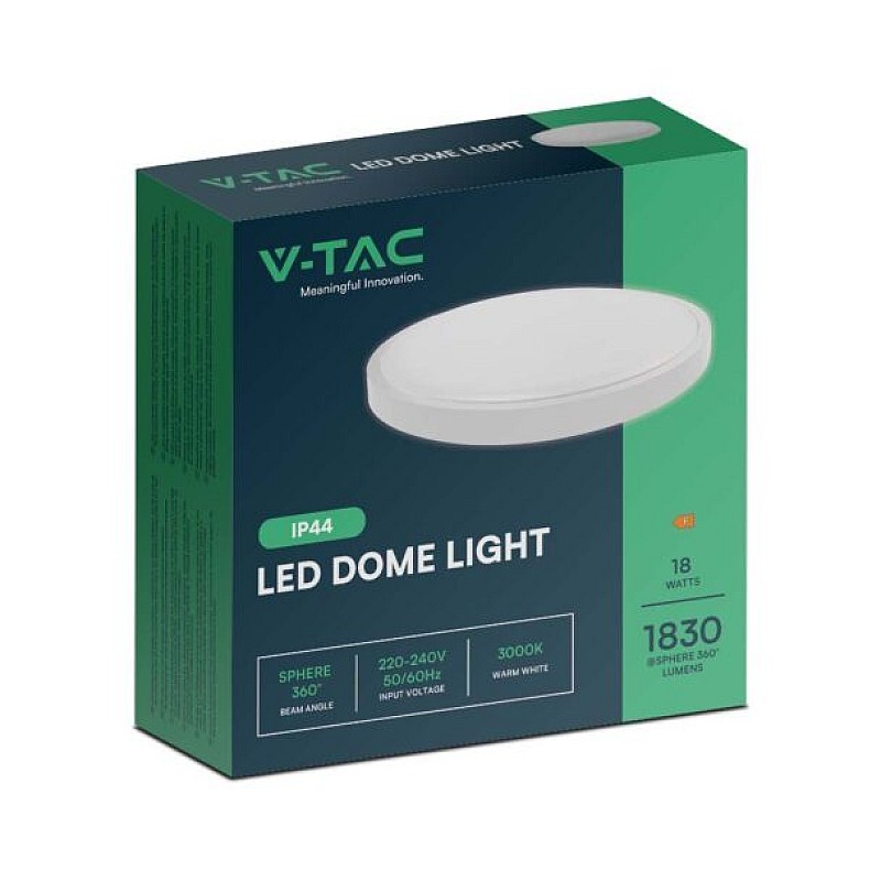 LED πλαφονιέρα 18W στρογγυλή θερμό λευκό 3000K IP44 Λευκό 100lm/W 76151 V-TAC