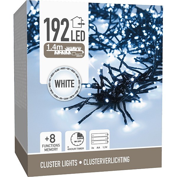 Χριστουγεννιάτικα λαμπάκια Cluster 192 LEDS 1.4m Μπαταρίας Ψυχρό λευκό με κοντρόλ 8 λειτουργιών μαύρο καλώδιο AX8417600