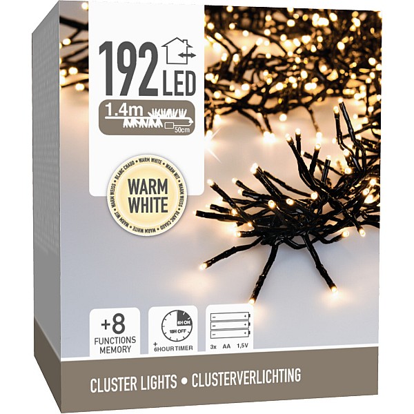 Χριστουγεννιάτικα λαμπάκια Cluster 192 LEDS 1.4m Μπαταρίας Θερμό λευκό με κοντρόλ 8 λειτουργιών μαύρο καλώδιο AX8417610