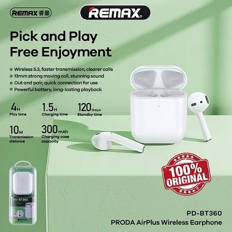 Remax Airplus PD-BT360 Earbud Bluetooth Handsfree Ακουστικά με Θήκη Φόρτισης Λευκά