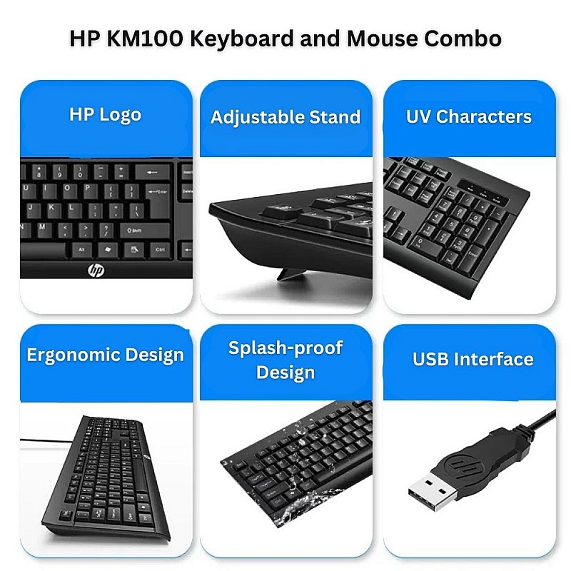 HP KM100 USB ενσύρματο πληκτρολόγιο και ποντίκι Combo Αδιάβροχο, Εργονομικό για Υπολογιστές