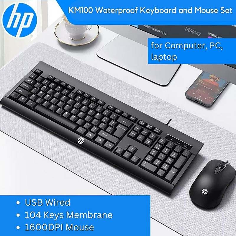 HP KM100 USB ενσύρματο πληκτρολόγιο και ποντίκι Combo Αδιάβροχο, Εργονομικό για Υπολογιστές