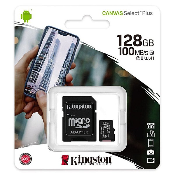 KINGSTON Κάρτα Μνήμης Micro SDXC 128GB Canvas Select Plus class 10 UHS-I U1 V10 A1 - 100MB/s + adapter