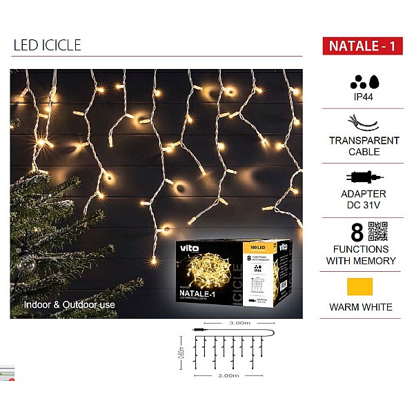 Χριστουγεννιάτικα λαμπάκια LED Βροχή Icicle 160Led (3x0,6m) με μετασχηματιστή Θερμό λευκό IP44 NATALE-1 VITO 5620220