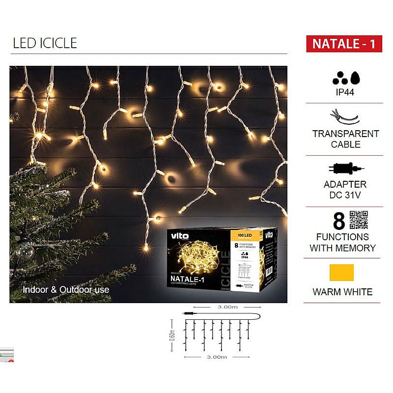 Χριστουγεννιάτικα λαμπάκια LED Βροχή Icicle 160Led (3x0,6m) με μετασχηματιστή Θερμό λευκό IP44 NATALE-1 VITO 5620220