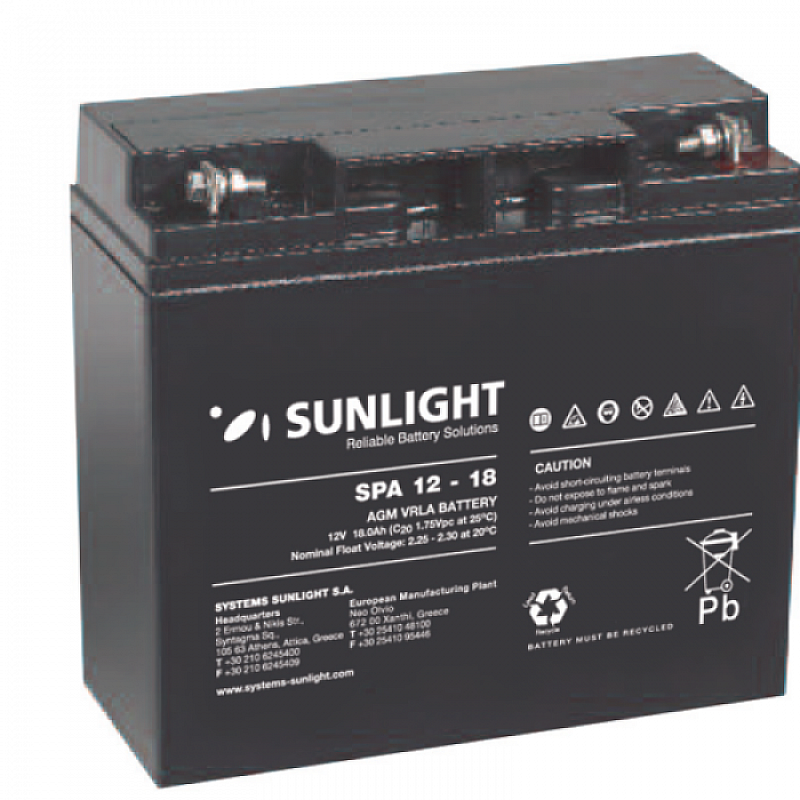 SUNLIGHT 18.0Ah Επαναφορτιζόμενη μπαταρία μολύβδου κλειστού τύπου 12V SPA12-18 για ups