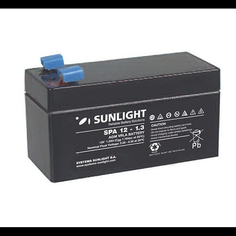 SUNLIGHT 1.3Ah Επαναφορτιζόμενη μπαταρία μολύβδου κλειστού τύπου 12V SPA12-1.3 για ups, συναγερμούς κ.α