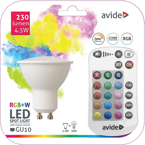 Λαμπτήρας Led GU10 4.2 Watt Θερμό λευκό 2700K + RGB με IR τηλεχειριστήριο AVIDE ATC