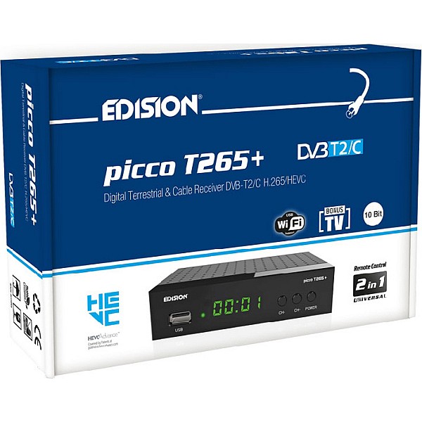EDISION PICCO T265+ Επίγειος ψηφιακός δέκτης Full High Definition DVB-T2/C Η265 HEVC