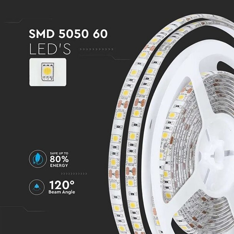 Ταινία led 11,0W 60 smd leds  5050/m Αδιάβροχη IP65  θερμό λευκό 5 μέτρα V-TAC 212149