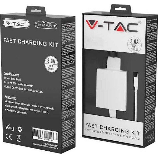 V-TAC Ταχυφορτιστής  για smartphones 5V/3.0A με MICRO USB Λευκός VT-5381 8641