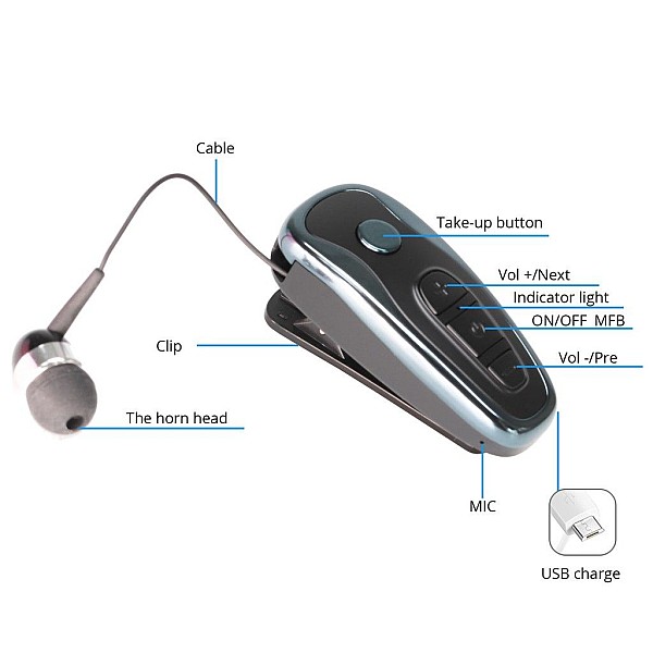 KTR-Q7 Bluetooth Μονό Ακουστικό με Καλώδιο που μαζεύει Μαύρο-Ασημί Σύνδεση με 2 Συσκευές V 5.0 OEM