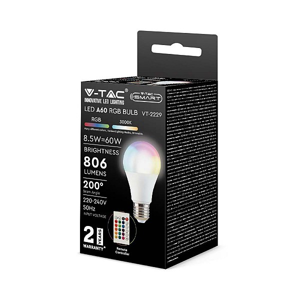 Έξυπνη λάμπα LED Ε 27 8.5W RGB + 4000Κ με ασύρματο χειριστήριο dimmable VT-2229 2928 V TAC