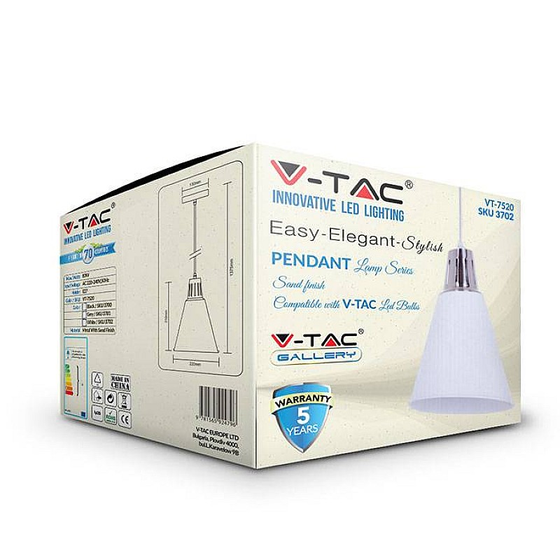 Φωτιστικό Οροφής Κρεμαστό Αλουμίνιο με φινίρισμα άμμου E27 White VT-7520 V-TAC 3702