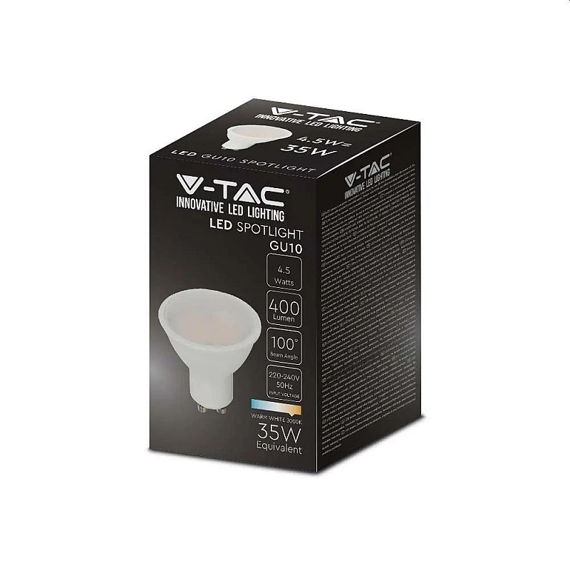 Λαμπτήρας LED σπότ 4.5W GU10 Plastic 110º  θερμό λευκό 3000Κ VT-1975 V-TAC 211685