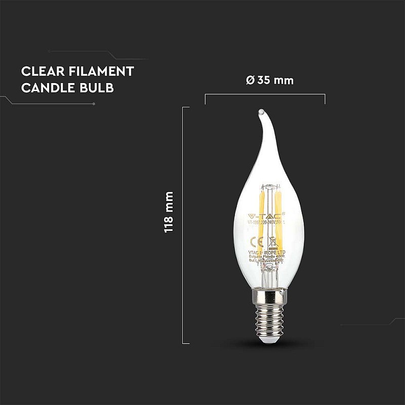 Λαμπτήρας Led E14 C35 φλόγα 4Watt Φυσικό λευκό 4000K Κεράκι Filament VT-1997 214429 V-TAC