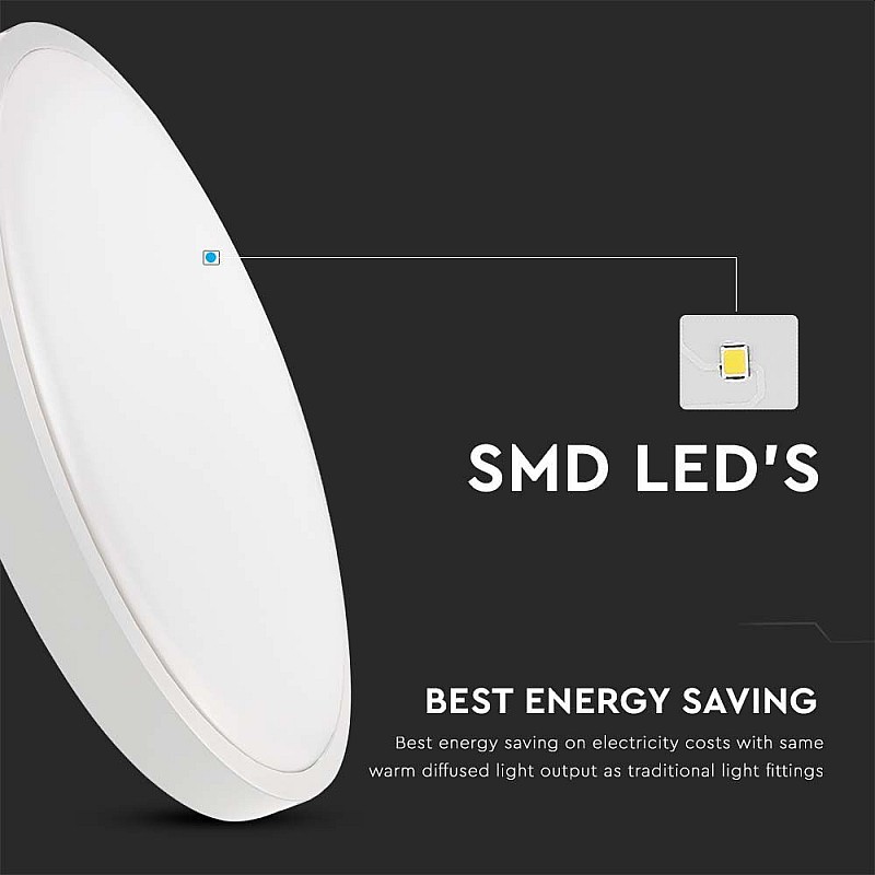 LED πλαφονιέρα 18W στρογγυλή θερμό λευκό 3000K IP44 Λευκό 100lm/W 76151 V-TAC