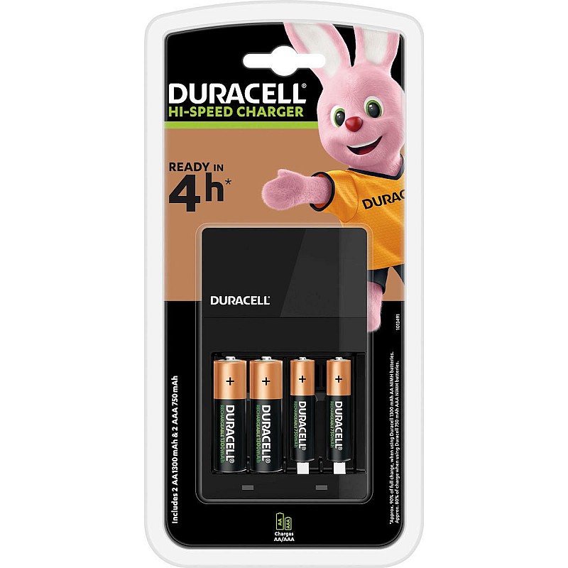 Duracell CEF14 Φορτιστής 4 Μπαταριών Ni-MH Μεγέθους AA/AAA Σετ με 2x AA 1300mAh και 2x AAA 750mAh