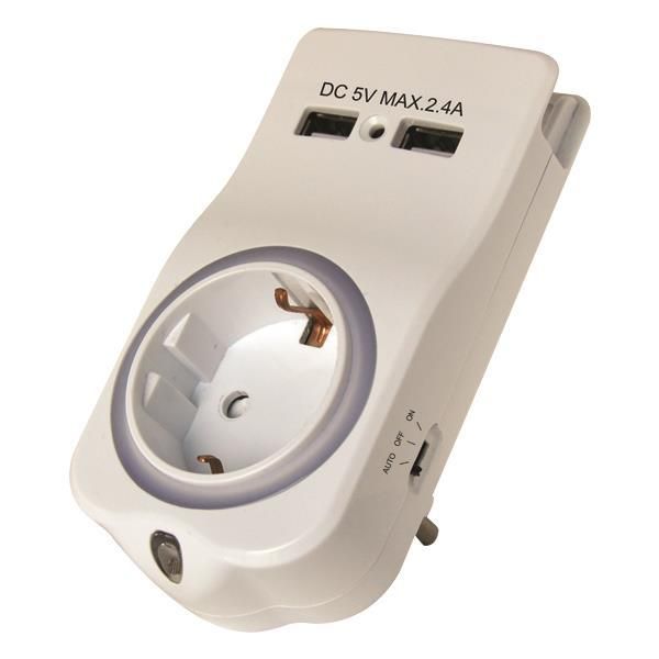 Αντάπτορας σούκο με φωτάκι νυκτός και 2 Θύρες USB-A Λευκός 147-09003 EUROLAMP