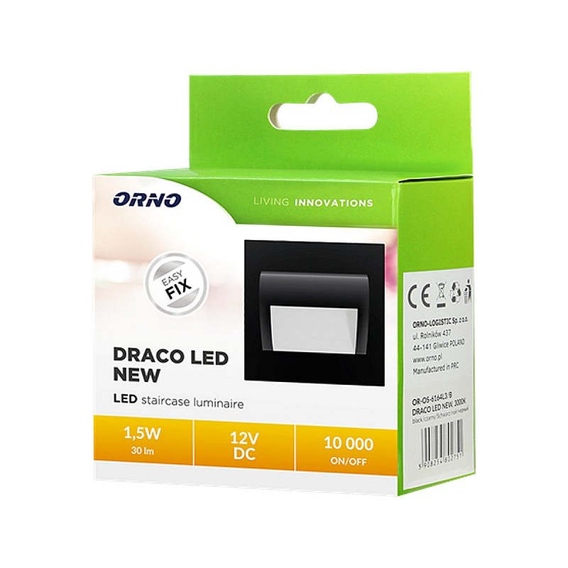 ORNO Φωτιστικό για τοίχο ή σκάλα Χωνευτό LED 1,5W 12VDC 3000K θερμό λευκό DRACO μαύρο σώμα OR-OS-6164L3/B