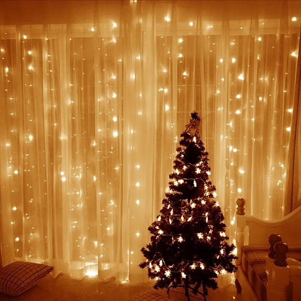 Χριστουγεννιάτικα λαμπάκια LED Κουρτίνα 144Led 3x1m θερμό λευκό με κοντρόλ 8 λειτουργιών DM-220 OEM