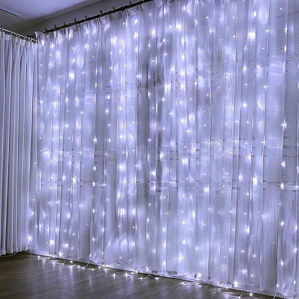 Χριστουγεννιάτικα λαμπάκια LED Κουρτίνα 304Led 3x3m ψυχρό λευκό με κοντρόλ 8 λειτουργιών DM-224 OEM