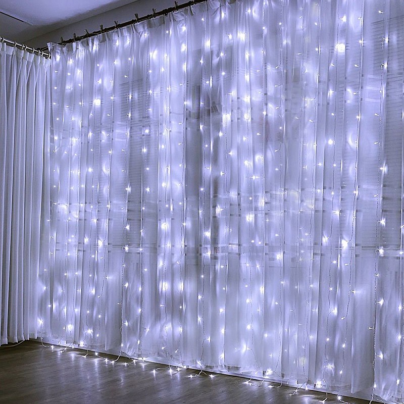 Χριστουγεννιάτικα λαμπάκια LED Κουρτίνα 144Led 3x1 m ψυχρό λευκό με κοντρόλ 8 λειτουργιών DM-220 OEM