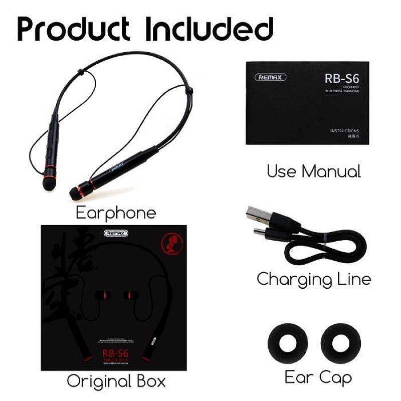 Remax RB-S6 Neckband Bluetooth Ασύρματα στερεοφωνικά ακουστικά κεφαλής σε μαύρο χρώμα V5.0