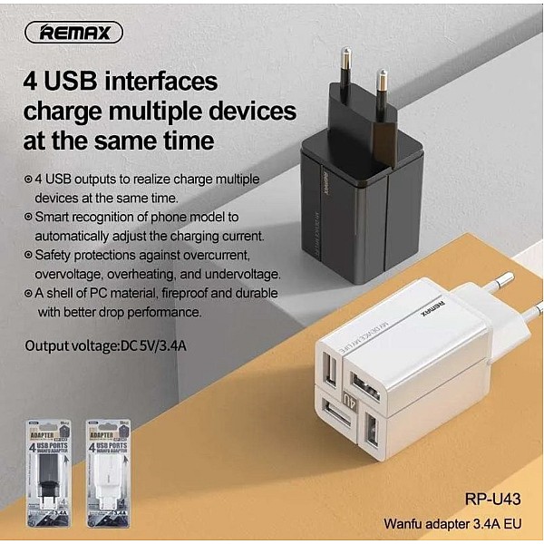 Remax RP-U43 Φορτιστής για smartphones με 4ΧUSB 5V/3.4A Λευκός
