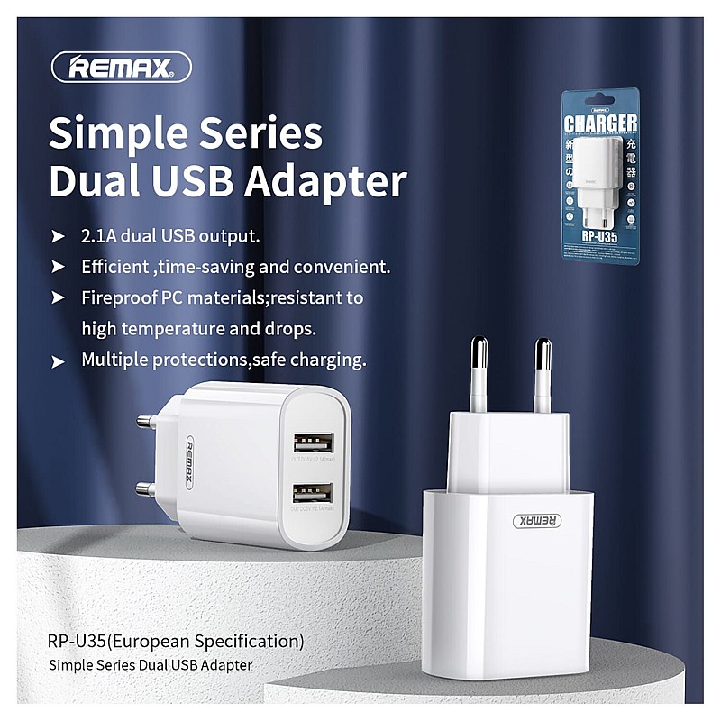 Remax jane RP-U35 Φορτιστής για smartphones 5V/2.1A 2XUSB Λευκός