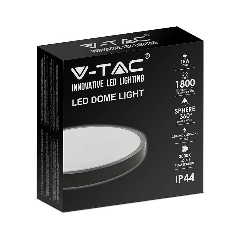 LED πλαφονιέρα 18W στρογγυλή ψυχρό λευκό 6500K IP44 Μαύρο 100lm/W 7635 V-TAC