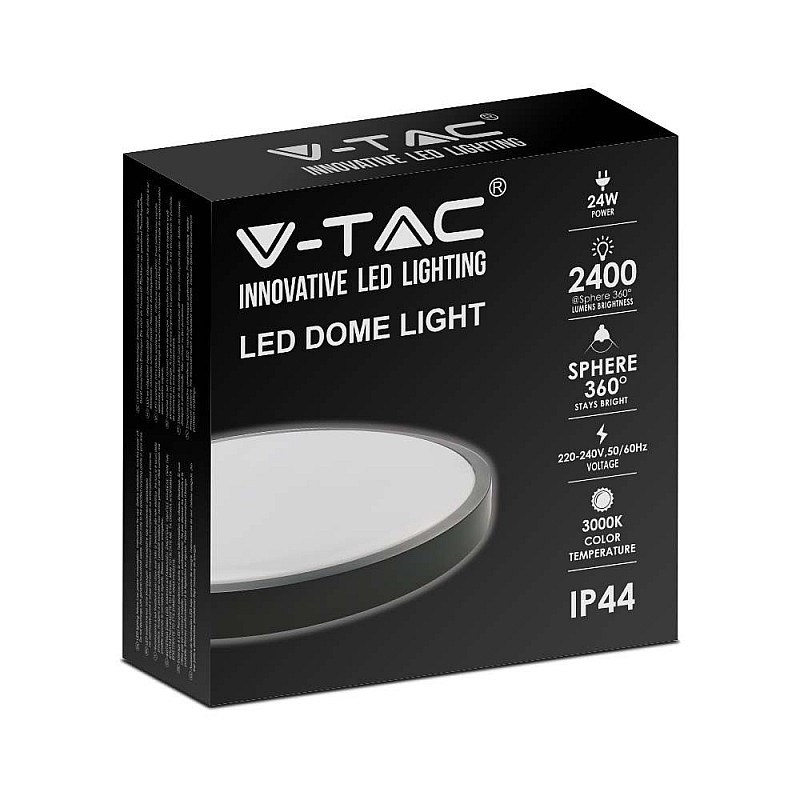 LED πλαφονιέρα 24W στρογγυλή ψυχρό λευκό 6500K IP44 Μαύρο 100lm/W 7638 V-TAC