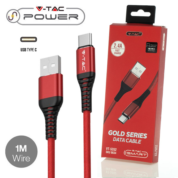V-TAC Καλώδιο Φόρτισης και μεταφοράς δεδομένων GOLD Series USB Type C 1m Κόκκινο VT-5352 8634