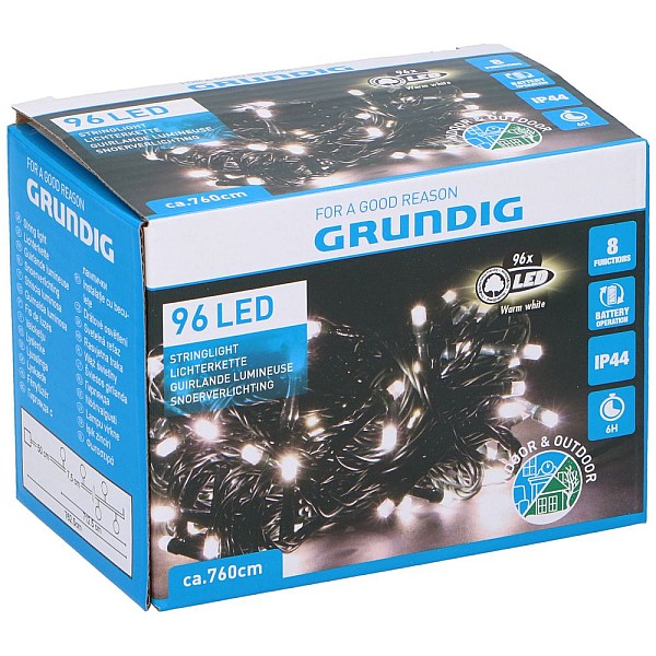 GRUNDIG 09094 Χριστουγεννιάτικα λαμπάκια μπαταρίας 96 LED  με κοντρόλ 8 λειτουργιών θερμό λευκό