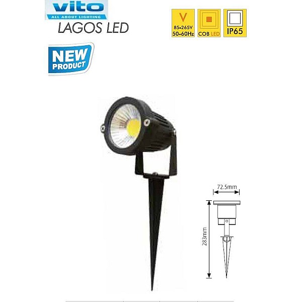 Φωτιστικό LED 5watt Κήπου-Τοίχου Αλουμινίου με βάση μαύρο ψυχρό λευκό IP65 LAGOS-LED VITO