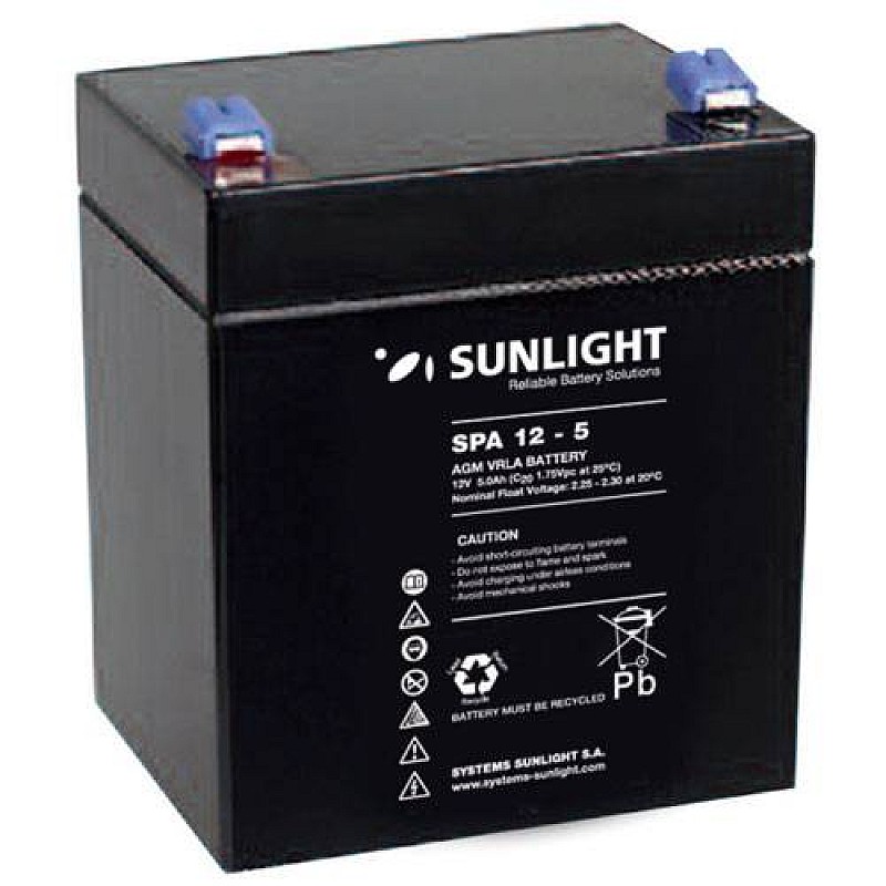 SUNLIGHT 5.0Ah Επαναφορτιζόμενη μπαταρία μολύβδου κλειστού τύπου 12V SPA12-5 για ups, συναγερμούς κ.α