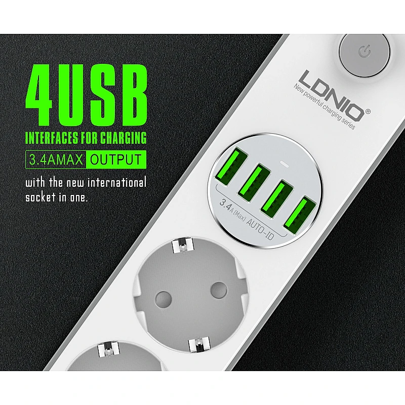 Ldnio Πολύπριζο Ασφαλείας 4 Θέσεων με Διακόπτη, 4 USB και Καλώδιο 2m Λευκό SE4432 Ldnio Πολύπριζο Ασφαλείας 4 Θέσεων με Διακόπτη, 4 USB και Καλώδιο 2m Λευκό SE4432
