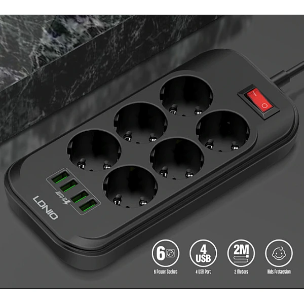 Ldnio Πολύπριζο Ασφαλείας 6 Θέσεων με Διακόπτη, 4 USB και Καλώδιο 2m Μαύρο SE6403