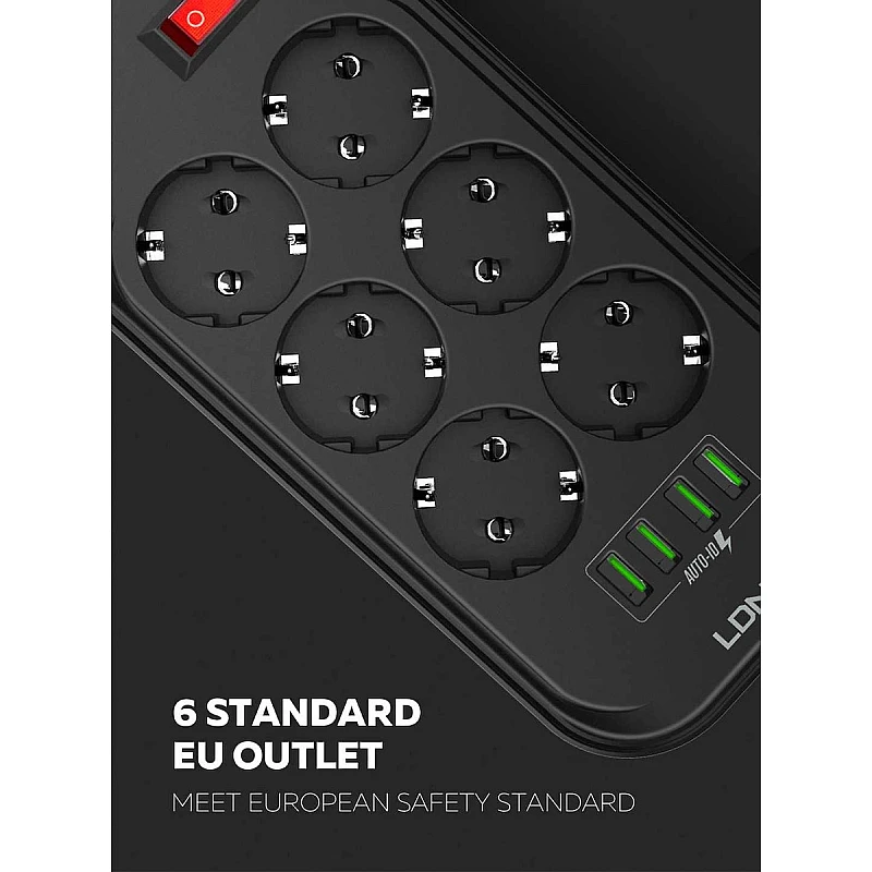 Ldnio Πολύπριζο Ασφαλείας 6 Θέσεων με Διακόπτη, 4 USB και Καλώδιο 2m Μαύρο SE6403 Ldnio Πολύπριζο Ασφαλείας 6 Θέσεων με Διακόπτη, 4 USB και Καλώδιο 2m Μαύρο SE6403